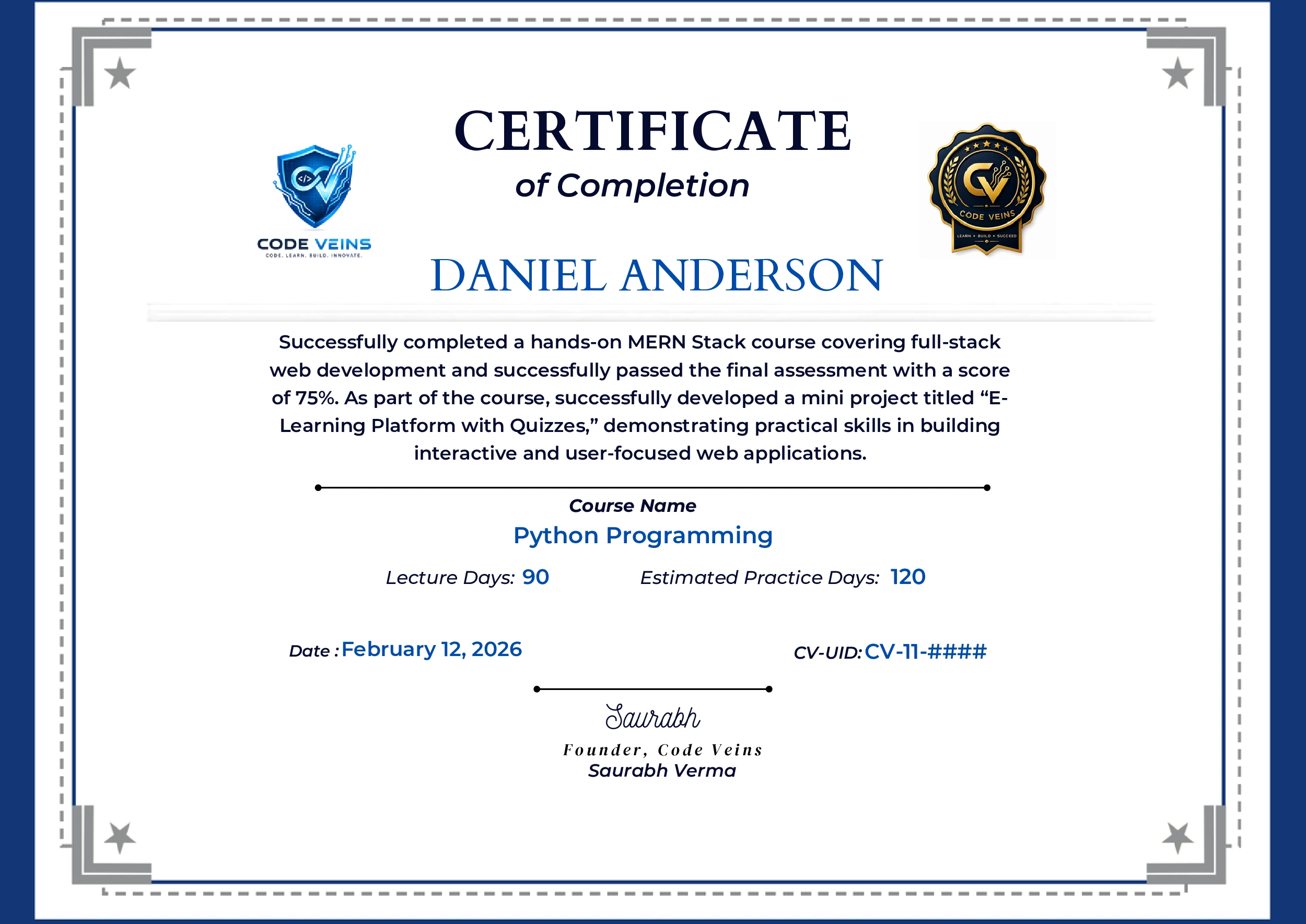 Code Veins Course Completion Certificate